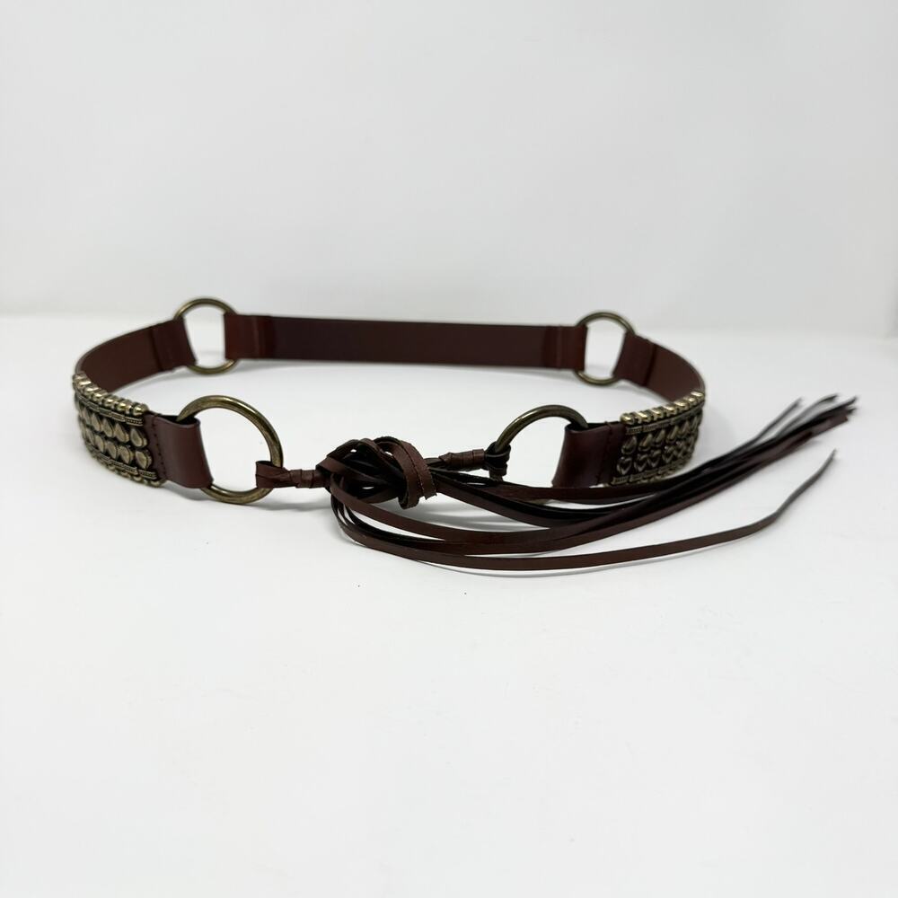 Brown Leather Brass Ring Tie Belt Sliding Brass Bars Fringe Belt Women's L Boho